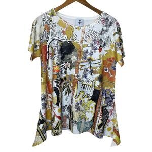 INOAH Boho Cat & Bird Floral Print Relaxed Peplum Style Short Sleeve Top Small